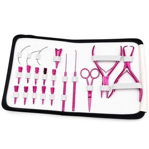 Kit complet d'accessoires en acier inoxydable pour l'installation d'extensions de cheveux : pince, aiguille de tirage, pinces, ciseaux, étui de transport à fermeture éclair - Product Image 2