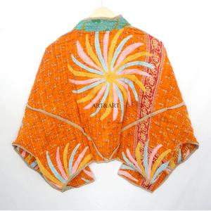 Vintage Quilted Kantha <b>Jackets</b> 100% Cotton Eco-Friendly Reversible Quick Dry Mandarin Collar Customizable Open Closure Detail - Product Image 6