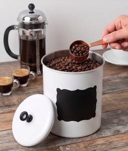 White Round Metal Food <b>Storage</b> Container With Chalkboard Label Airtight Lid For Coffee Beans And <b>Kitchen</b> <b>Storage</b> Use - Product Image 1