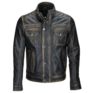 Veste moto en cuir véritable pour homme, col montant, fermeture éclair, coupe classique, style automne, couleur noire unie - Product Image 6
