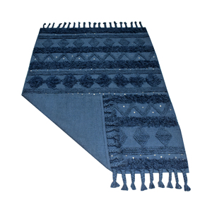 Alfombra Bohemia Geométrica Ecológica de Algodón Azul, Tejida a Mano con Patrón de Diamantes, Alfombra Plana con Borlas, Venta al Por Mayor, Personalizable - Product Image 1