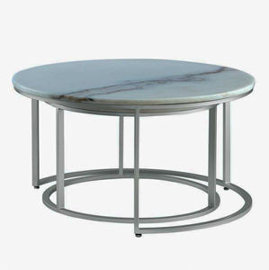 Ensemble de deux tables basses rondes en marbre blanc avec base en métal finition argentée, durables et résistantes, table basse centrale. - Product Image 2