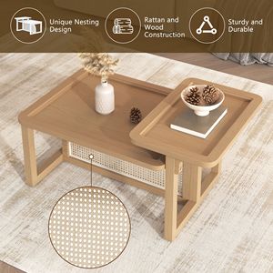 Set di 2 tavolini da caffè moderni in rattan, legno e MDF, colore naturale - Product Image 5