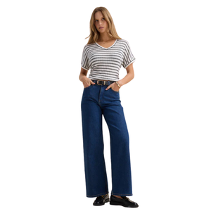 Blusa de punto acanalado con cuello en V a rayas para mujer, manga corta, corte ajustado, informal, de verano, suave, elástica, elegante, para el día a día - Product Image 3