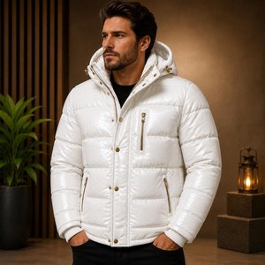 Veste d'hiver matelassée à capuche pour homme, veste blanche rembourrée, veste décontractée pour l'extérieur - Product Image 4