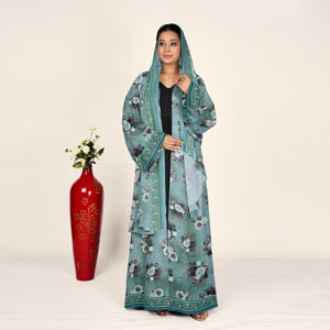 Abaya Larga de Gasa con Estampado Floral para Eid, con Pañuelo Coordinado, Frente Abierto, Manga Larga Fluida, Vestido Musulmán Modesto para Mujer - Product Image 3