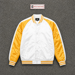 Veste universitaire en satin blanc et jaune doré pour homme, veste bomber de baseball brillante de qualité supérieure avec manches raglan contrastées rayées - Product Image 5