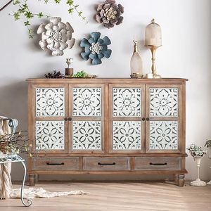 59.06 Elegante Credenza in Legno Naturale, Mobile Contenitore per Soggiorno con 4 Ante, 3 Cassetti e Ripiani Regolabili - Product Image 6