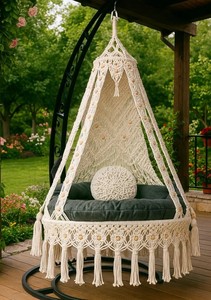 Handmade Macrame Hanging Chair: Boho Outdoor <b>Swing</b> Seat with Cushion,Housewarming Gift,Christmas Gift - Product Image 2
