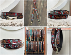 Brand New 2025 Red & Teal Floral Accent Hand Tooled <b>Leather</b> <b>Guitar</b> <b>Strap</b> with Western Style Adjustable <b>Strap</b> for Acoustic <b>Guitar</b> - Product Image 3