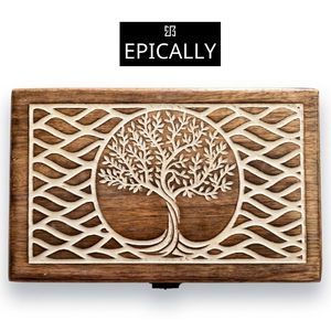 Boîte à bijoux rectangulaire en bois d'acacia poli - Boîte de rangement multifonction classique sculptée et étanche - Product Image 4