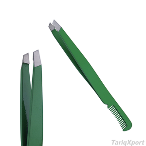 Pinza para Cejas de Acero Inoxidable Verde con Logotipo Personalizado, Punta Inclinada con Peine, Herramienta de Belleza al por Mayor - Product Image 3