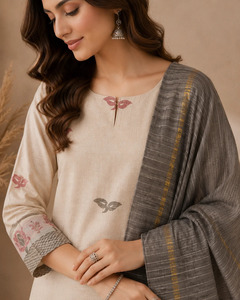 Unstitched <b>Hand</b> Embroidered Jamdani Cotton Kurta <b>Set</b> in <b>Cream</b> White for Women Available at wholesale Price - Product Image 3