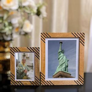 Handcrafted Mango Wood Photo <b>Frame</b> Set: Dark Blue Resin Inlay, Rustic Modern Decor – Rustic Ridged Pattern Photo <b>Frame</b> Table top - Product Image 1
