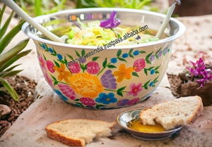 Large Hand Painted Stainless Steel Light <b>Yellow</b> 7 Inch Diameter Fruit Bowl Decorative Floral Salad Mixing Serving Bowl for Party - Product Image 4