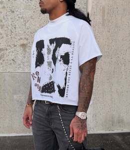 เสื้อยืดสตรีทแวร์ทรงบ็อกซี่แบบครอป ผ้าคอตตอน 100% หนานุ่ม ตกแต่งด้วยคริสตัล พร้อมโลโก้แบบสั่งทำพิเศษสำหรับผู้ชาย - Product Image 5