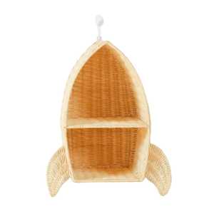 Creative Hand Woven Rocket Ship Rattan Wall Shelf Nursery Room 2 Tier Hanging Storage <b>Floating</b> Basket Holder Wholesale - Product Image 2