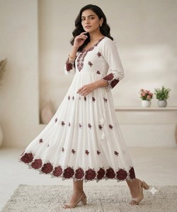 Costume Anarkali traditionnel brodé pour femmes, blanc, motif floral marron, style Inde Pakistan, rayonne, séchage rapide, 86530 LEMBOGEE - Product Image 2