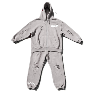 Survêtement unisexe gris à capuche, fermeture éclair intégrale, couleur unie, design vieilli, tenue décontractée pour adultes, saison automne, 100 % coton - Product Image 1