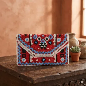 Women Beaded <b>Envelope</b> Clutch Geometric Pattern Bohemian Style Flap Closure Party Wedding Handbag - Product Image 3