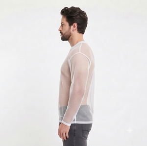 Camiseta de malla transparente con cuello redondo para hombre, ligera, transparente, de manga larga - Product Image 3