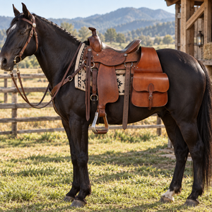 Traditional Leather Horse Saddle Bag | Western Equestrian Side Storage Pouch Secure <b>Straps</b> <b>Buckles</b> Trail Riding Ranch Work Tack - Product Image 2