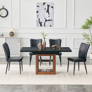 Tavolo da Pranzo Espandibile 59-71 Pollici con Funzione Estraibile Abbinato a 4 Sedie Nere in PU Design a Righe Verticali Set Sala da Pranzo - Product Image 1