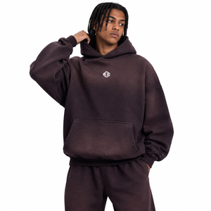 Sudadera con capucha marrón lavada para hombre, de forro polar oversize con bolsillo canguro, conjunto de chándal a juego, proveedor OEM de ropa urbana personalizada - Product Image 1