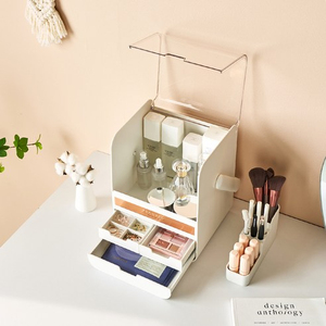 Organisateur de cosmétiques en plastique avec couvercle, 3 tiroirs, boîte de rangement moderne anti-poussière pour maquillage avec support pour rouge à lèvres et pinceaux, fabriqué en Corée - Product Image 5