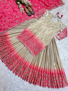 Robe de mariée traditionnelle indienne pakistanaise brodée rose pour femme, longueur ras du sol, en soie, coupe ample avec travail doré - Product Image 4