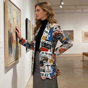 Oferta en Temu: Blazer con Estampado de Grafiti para Mujer, Cuello Solapa, Frente Abierto, Manga Larga, Estilo Urbano, Ropa Exterior Informal - Product Image 3