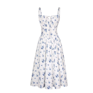 Robe maxi à imprimé floral blanc et bleu personnalisée pour femmes |   Robe d'été en coton tissé à bretelles spaghetti, col noué et taille haute - Product Image 3