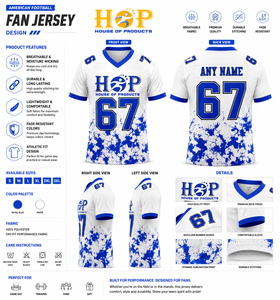 Men's V-Neck Football Jersey Sublimated Print Moisture Wicking 67 White Blue Regular Fit American football <b>fan</b> Jersey - Product Image 5