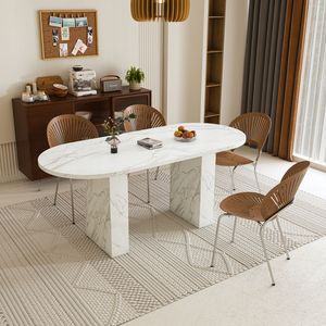 62.9 pollici moderna fattoria tavolo da pranzo ovale in marmo bianco finitura 6 posti tavolo da cucina in legno striscia di Base impermeabile graffio - Product Image 1