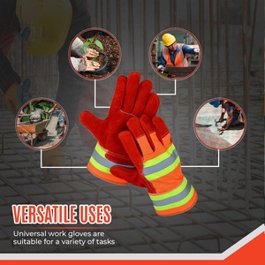 High Visibility Red Split Cowhide Leather Work Gloves With Reflective <b>Strip</b> Fluorescent Drilled Cotton <b>Fabric</b> Safety Cuff - Product Image 5