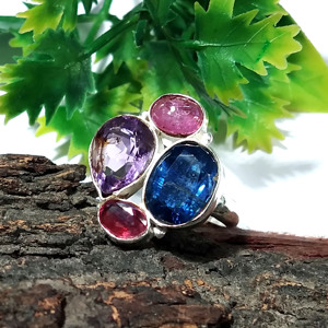 Bague Statement en Argent Sterling 925 avec Cyanite Bleue Naturelle, Améthyste, Rubis Rose, Grenat et Multiples Pierres Précieuses, Style Bohème, Sertissage Clos - Product Image 6