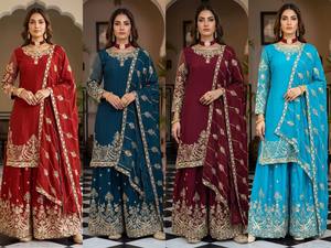 Conjunto de Traje Indio Pakistaní de Seda Azul Bordado, Salwar Kameez Dupatta, Atuendo Tradicional para Bodas y Fiestas para Mujer, Ropa Elegante - Product Image 5