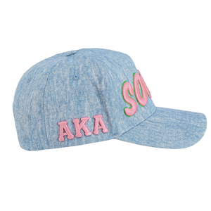 หมวกแก๊ปยีนส์ AKA Light Denim Soror สีฟ้าอ่อน ปรับขนาดได้ พร้อมตัวอักษรปักสีชมพู หมวกเบสบอลลำลองสำหรับกิจกรรมกลางแจ้ง - Product Image 3