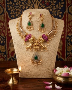 Elephant And Lakshmi Motif Temple <b>Jewellery</b> <b>Set</b> With Matching Earrings Traditional Wedding Festive Wear Temple Jewelry Wholesale - Product Image 3