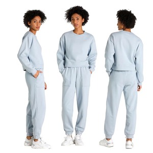 Ensemble de survêtement en molleton bleu clair pour femme, col rond, coupe ample, couleur unie, décontracté, à porter au quotidien, manches longues, longueur cheville - Product Image 6