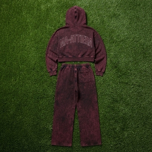 Custom Women Acid Wash <b>Burgundy</b> Cropped Hoodie Wide Leg Jogger Set Cotton Fleece Streetwear Tracksuit OEM Wholesale - Product Image 6