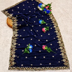 Châles en micro-velours bleu roi, brodés de sequins, style ethnique indien, pour mariée, en gros - Product Image 1