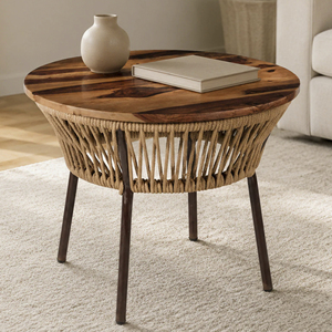 Mesa de Centro Moderna Industrial de Madera Maciza de Mango con Base Redonda de Metal y Cesta de Cuerda Tejida, Estilo Hogar - Product Image 4