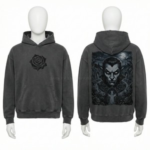 เสื้อฮู้ดดี้สีเทาชาร์โคลแบบวินเทจสำหรับผู้ชาย ลายกราฟิกแวมไพร์ สไตล์สตรีทแวร์ ทรงโอเวอร์ไซส์ ขอบเสื้อแบบดิสเทรส ผ้าฟลีซหนานุ่ม รุ่นโปร - Product Image 1