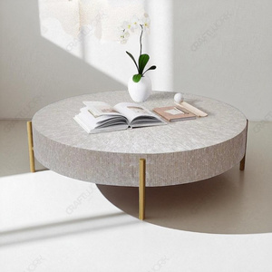 Mesa de Centro Redonda con Incrustaciones de Madreperla, Mesa de Centro de Madera Blanca con Patas de Metal en Tono Dorado, Muebles Modernos para Sala de Estar - Product Image 2