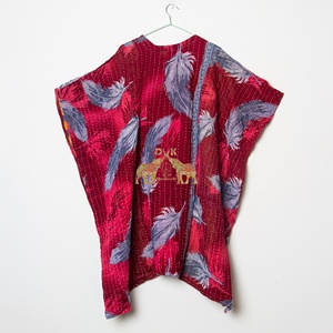 Leaf Print Vintage Cotton Kaftan Dress Vintage Knee-Length Indian Beach Cover-Up V-neck Dresses - Product Image 3