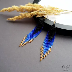 Mayorista líder de pendientes de cuentas violetas y doradas, pendientes de cuentas de semillas, pendientes multicolor, pendientes colgantes con bordados de cuentas - Product Image 1