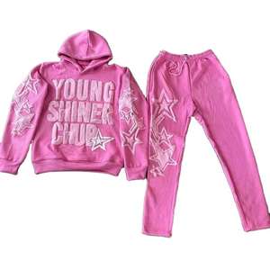 ชุดวอร์มผ้าฝ้ายสีชมพูคุณภาพสูง 400gsm พิมพ์ลายพัฟฟ์ ชุดสองชิ้น สตรีทแวร์สำหรับทุกเพศ - Product Image 1