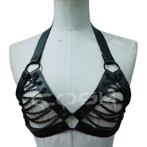 Harnais en cuir noir avec soutien-gorge à lacets rose - Product Image 3