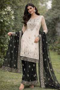 Conjunto de Salwar Kameez de Diseño con Bordado Crema y Traje Palazzo con Trabajo Elaborado para Mujer |   Ropa para Bodas, Fiestas y Eventos Festivos - Product Image 3